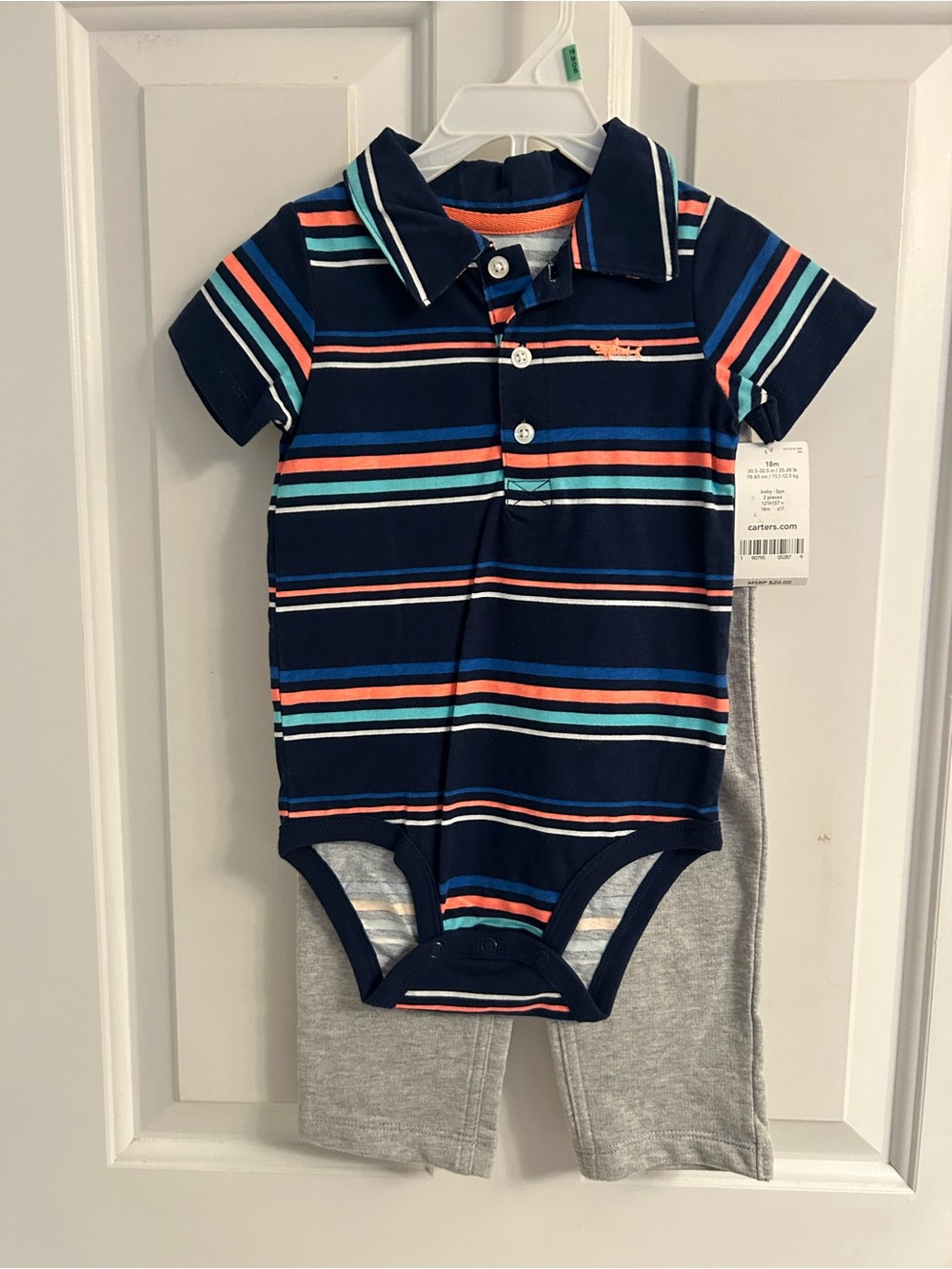 NWT-Boys Carter's Navy Striped Polo-Style One-Piece Bodysuit with Gray Pants
